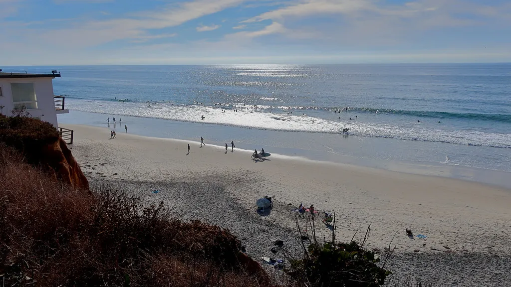 Moonlight Beach on a calm day, seen from the overlook